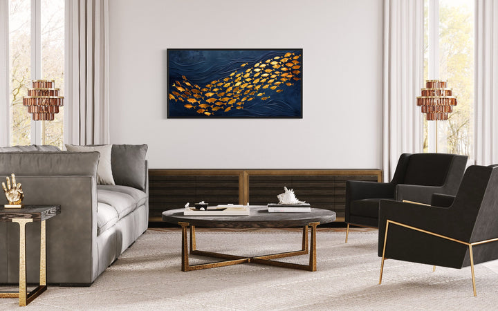 Nautical Navy Gold School Of Fish In Navy Blue Ocean Framed Canvas Wall Art in living room