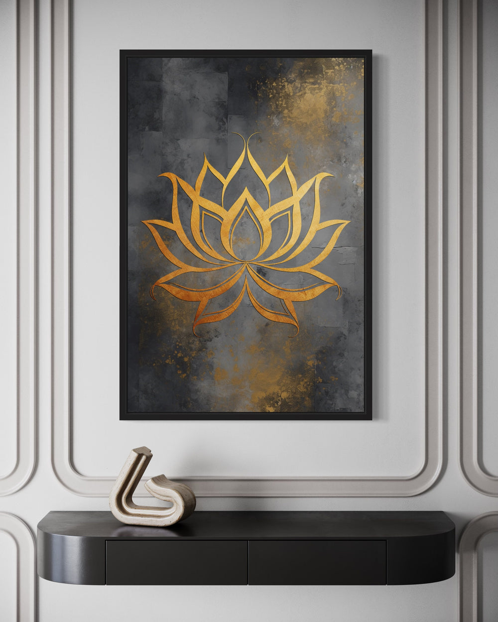 Minimalist Lotus Flower Zen Gold Silver Framed Canvas Wall Art close up