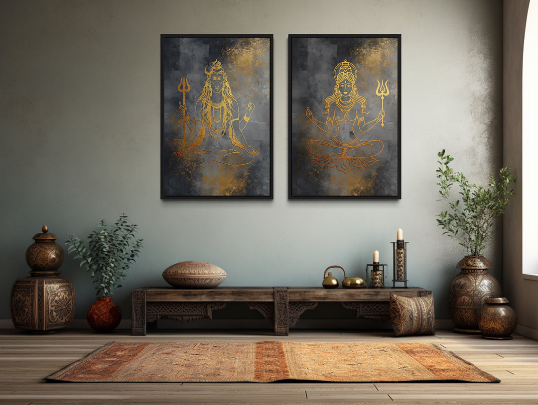 Lord Shiva And Parvati Wall Art, Minimalist Gold Silver Hindu Gods Art,