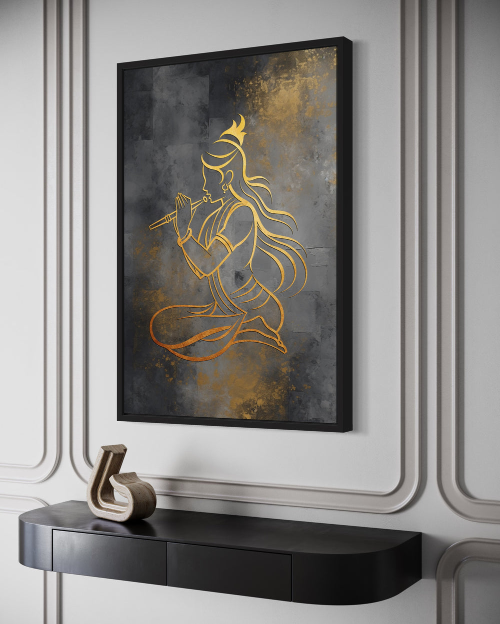 Minimalist Lord Krishna With Flute Gold Silver Indian Framed Canvas Wall Art side view