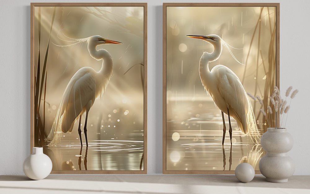 Set of 2 Great Egrets Coastal Birds Framed Canvas Wall Art close up