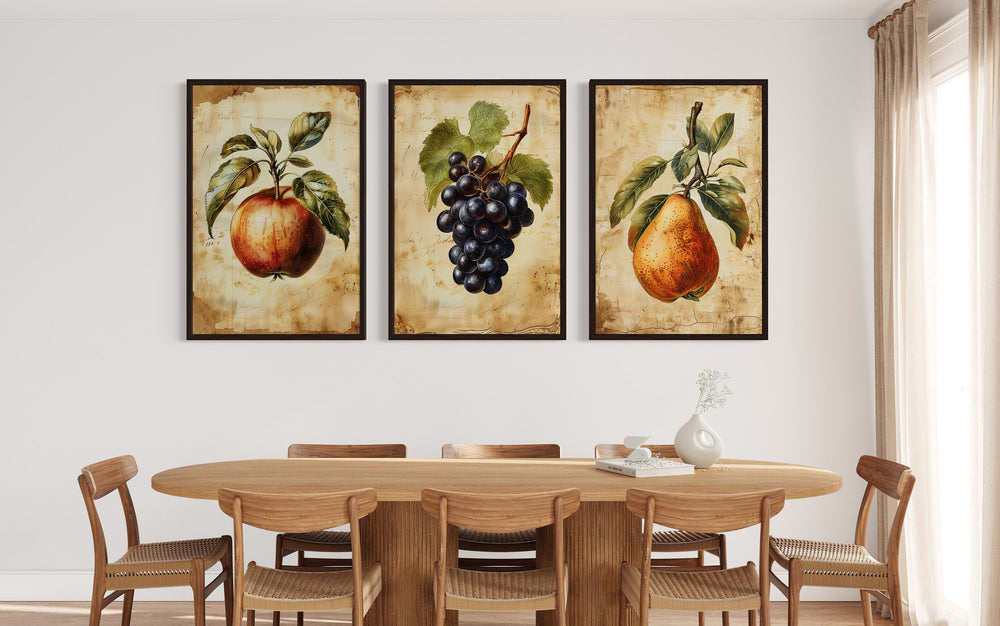 Set Of Three Vintage Fruit Wall Art Apple Pear Grapes in dining room