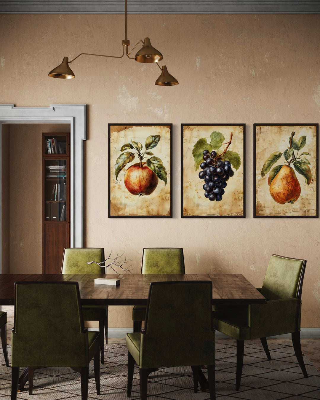 Set Of Three Vintage Fruit Wall Art For Dining Room Apple Pear Grapes