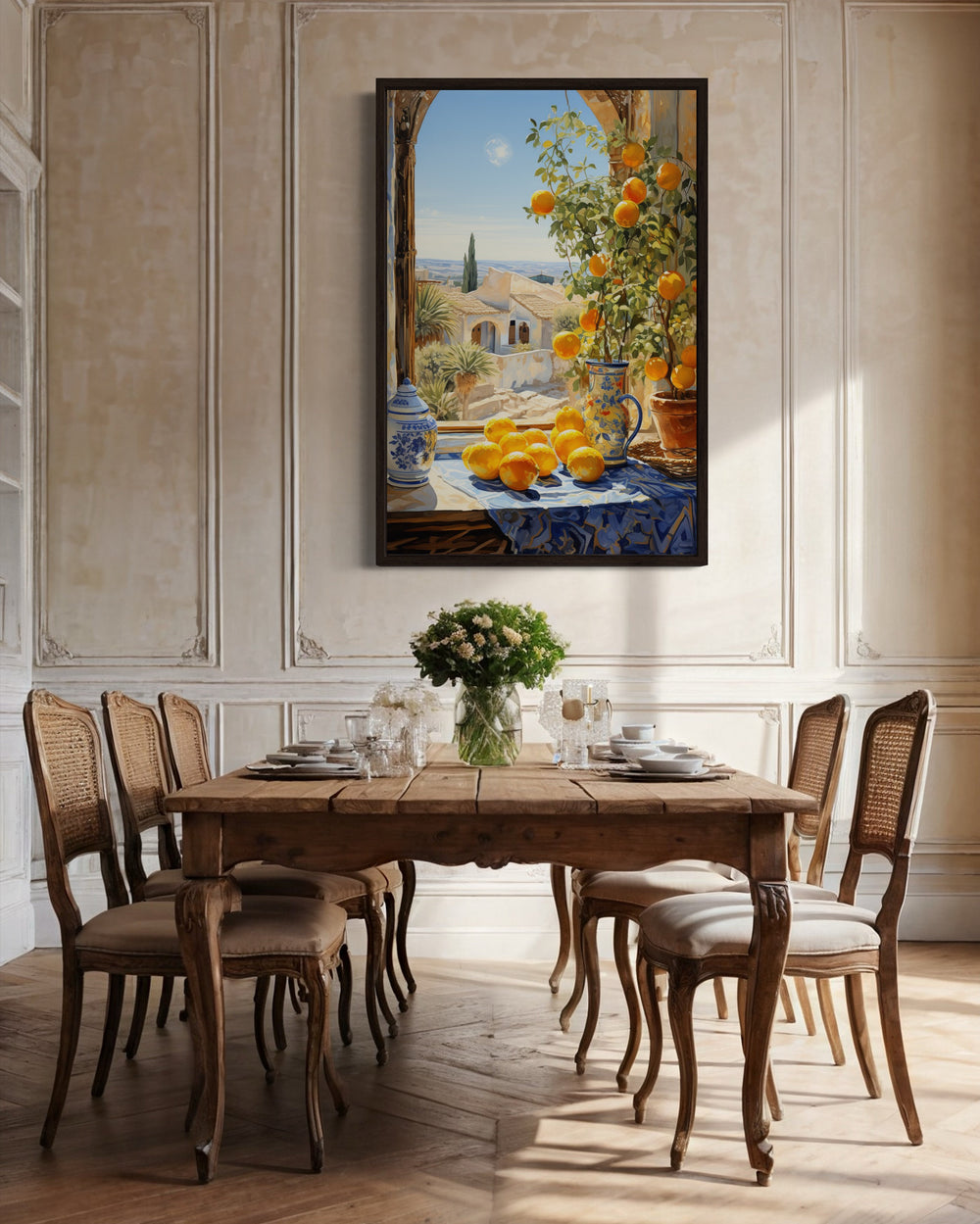 Mediterranean Window View With Oranges Wall Art in dining room