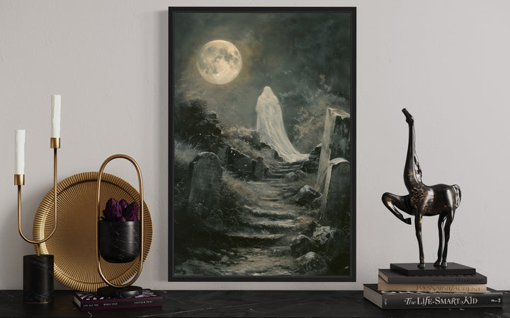 Ghost At Cemetery Graveyard At Full Moon Gothic Halloween Wall Art close up