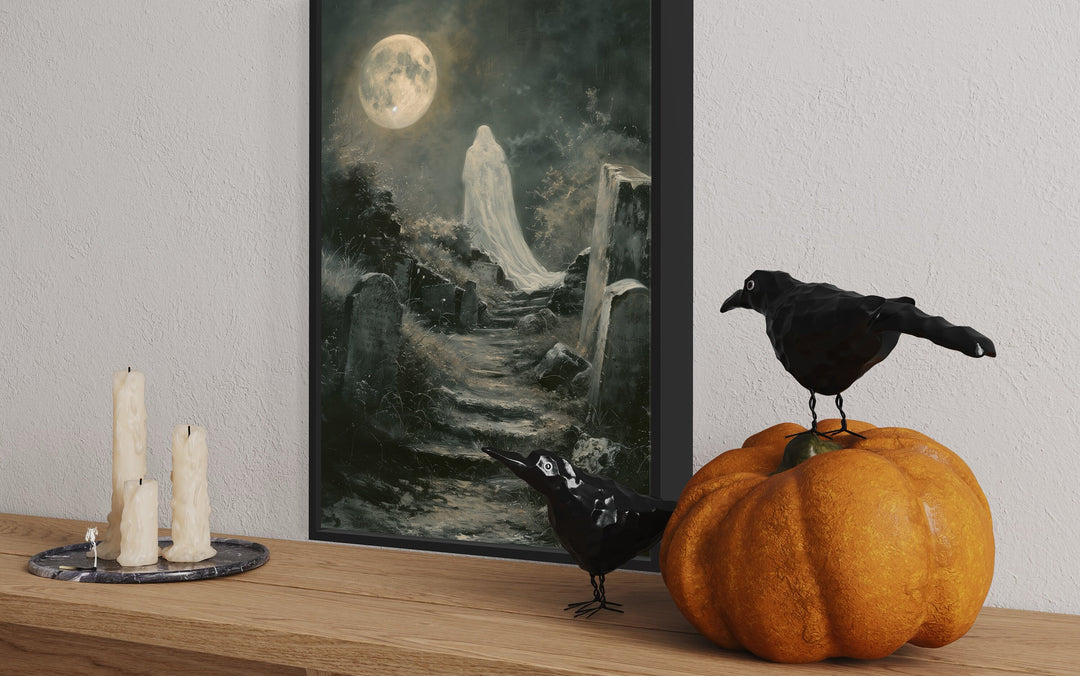 Ghost At Cemetery Graveyard At Full Moon Gothic Halloween Wall Art with halloween decor