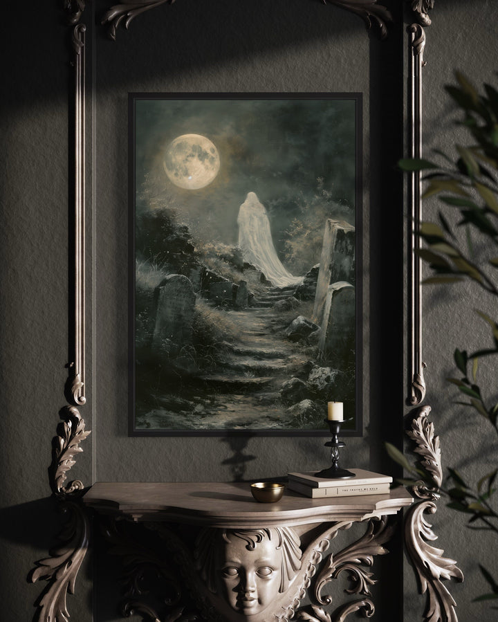 Ghost At Cemetery Graveyard At Full Moon Gothic Halloween Wall Art