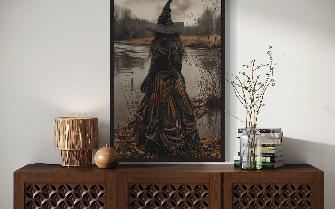 Salem Witch At The Lake Halloween Wall Art above table