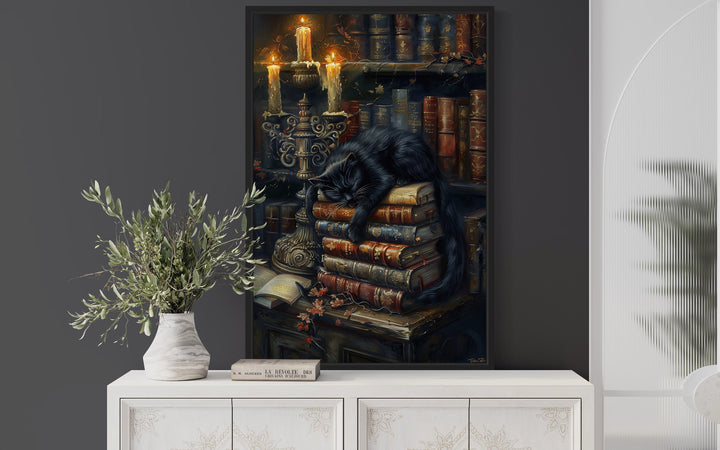 Vintage Candlelit Books And Black Cat in Mystical Library Gothic Halloween Wall Art above table