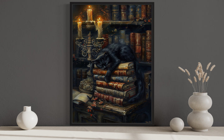 Vintage Candlelit Books And Black Cat in Mystical Library Gothic Halloween Wall Art close up