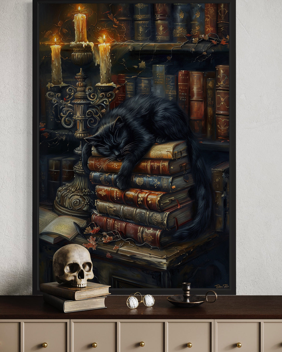 Vintage Candlelit Books And Black Cat in Mystical Library Gothic Halloween Wall Art close up