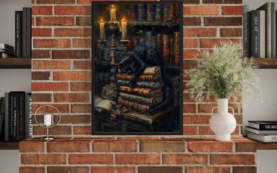 Vintage Candlelit Books And Black Cat in Mystical Library Gothic Halloween Wall Art above fireplace