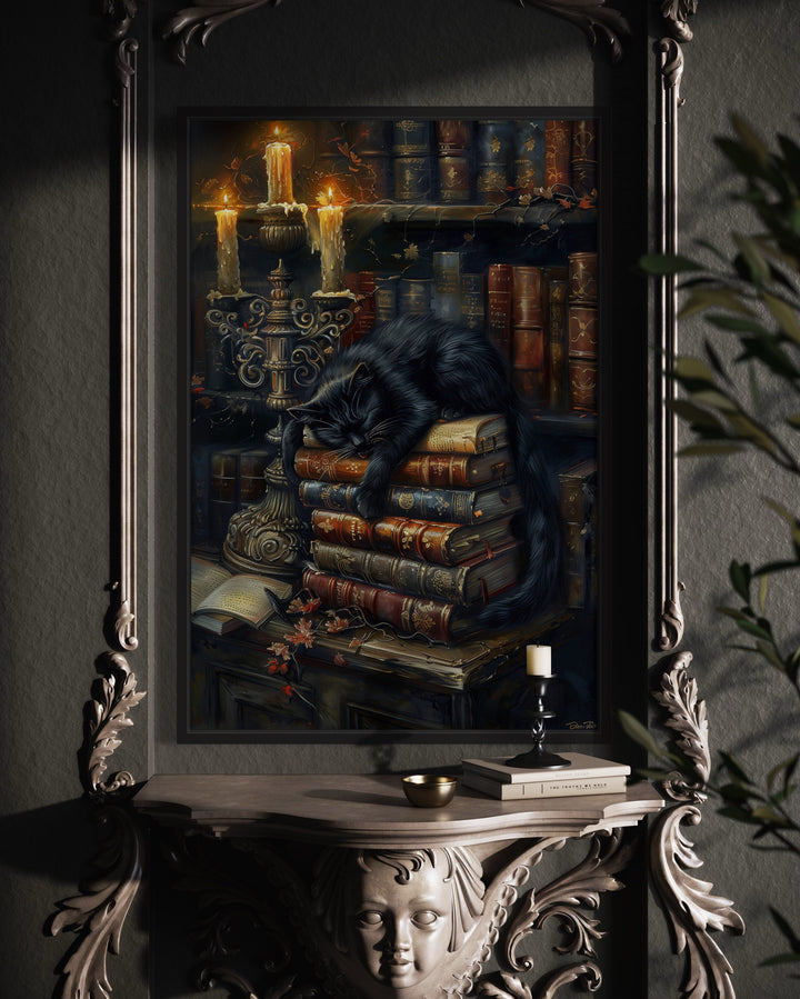 Vintage Candlelit Books And Black Cat in Mystical Library Gothic Halloween Wall Art close up