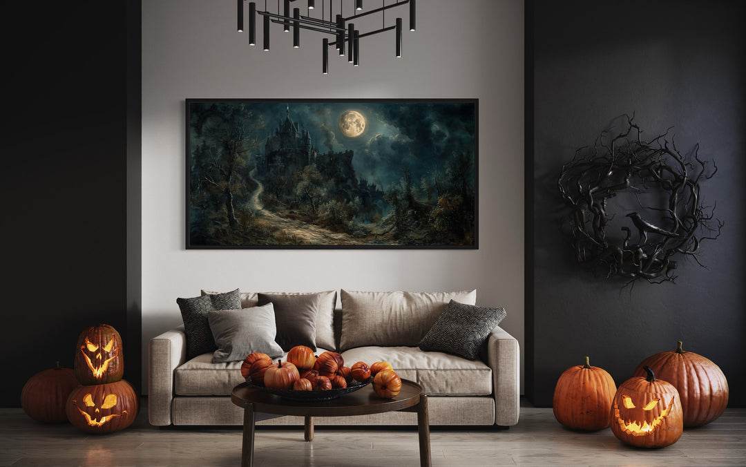 Gothic Haunted Dilapidated Castle Under Moon Dark Halloween Artwork above couch