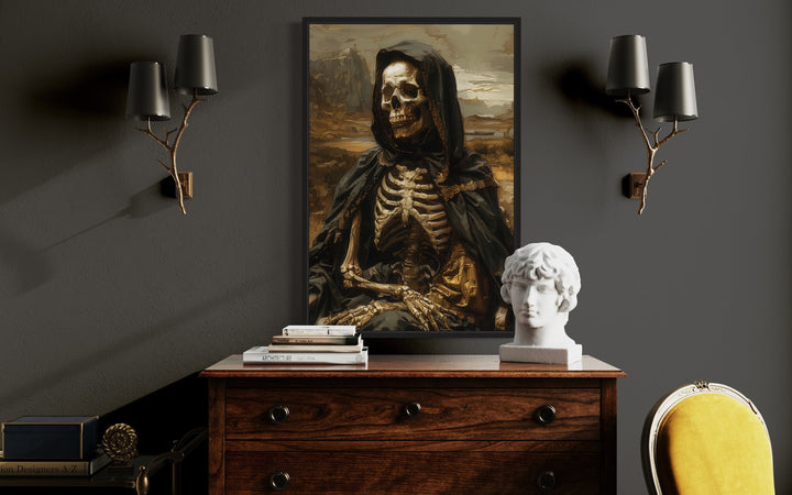 Altered Art Mona Lisa Skeleton Gothic Halloween Wall Art above table