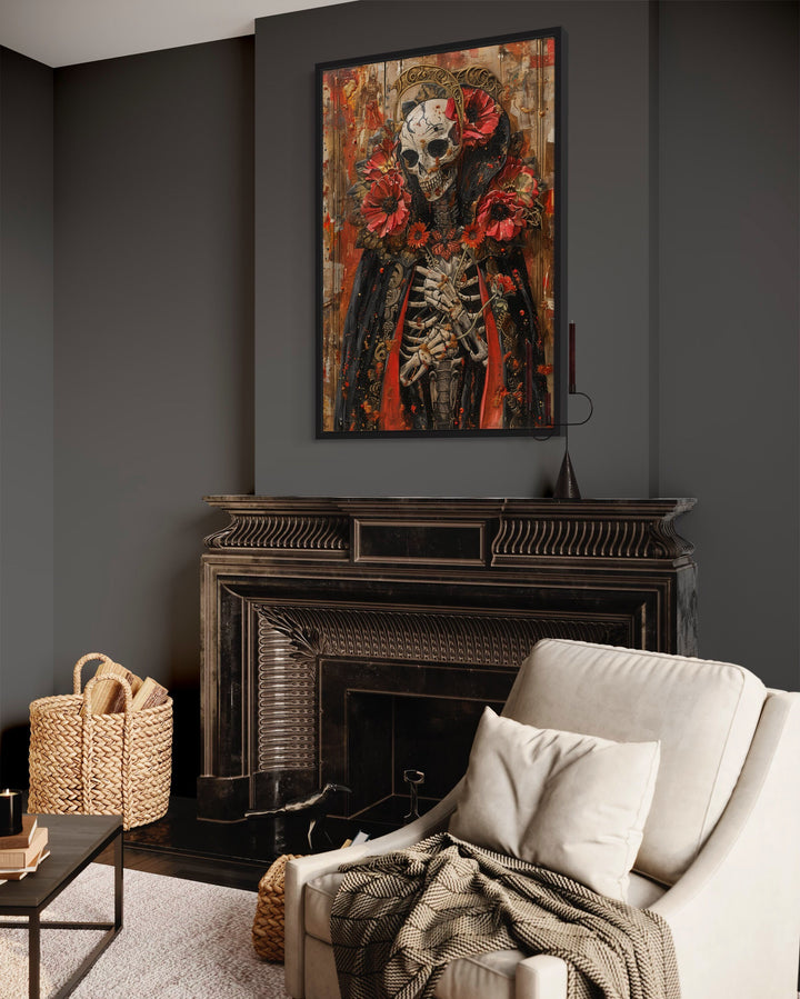 Skeleton Bridegroom With Flowers Gothic Halloween Wall Art above fireplace side view