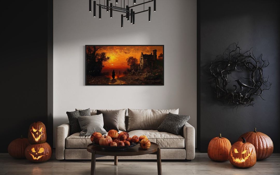 Stranger At Gothic Haunted Dilapidated House Under Moon Wall Art above couch