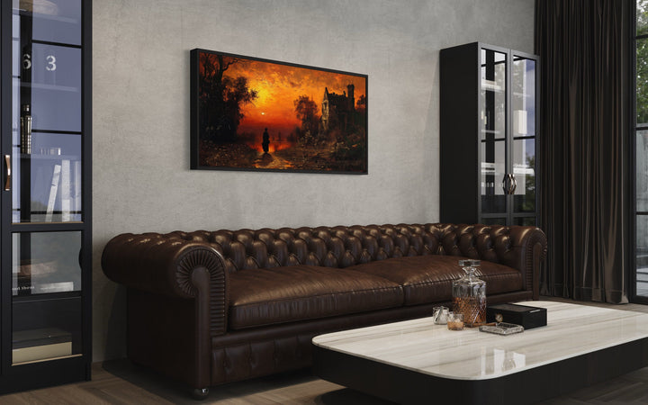 Stranger At Gothic Haunted Dilapidated House Under Moon Wall Art in living room