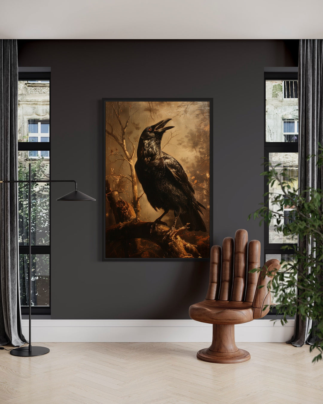 Raven On A Branch Vintage Gothic Halloween Wall Art in living room