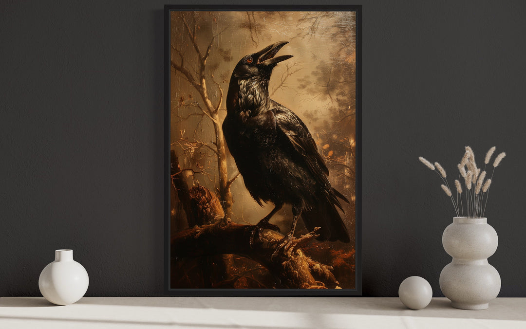 Raven On A Branch Vintage Gothic Halloween Wall Art close up