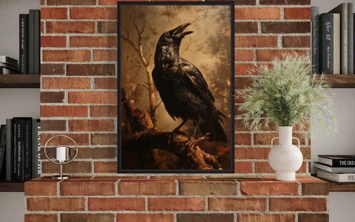 Raven On A Branch Vintage Gothic Halloween Wall Art above fireplace