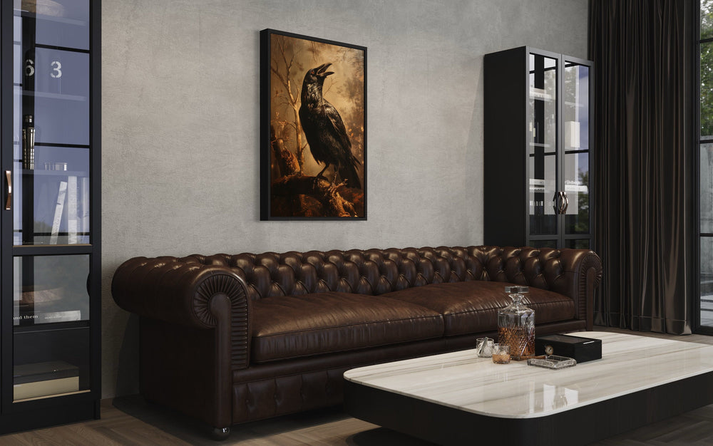 Raven On A Branch Vintage Gothic Halloween Wall Art in living room