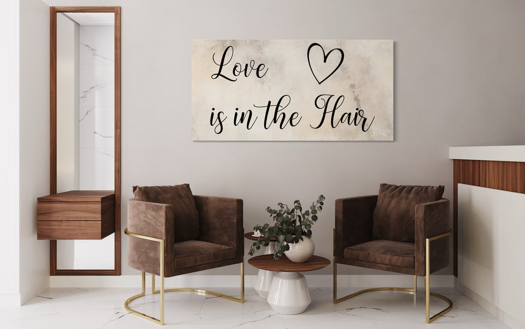 Hair Salon Wall Art, Love Is In The Hair Typography Sign Canvas Print in hair salon