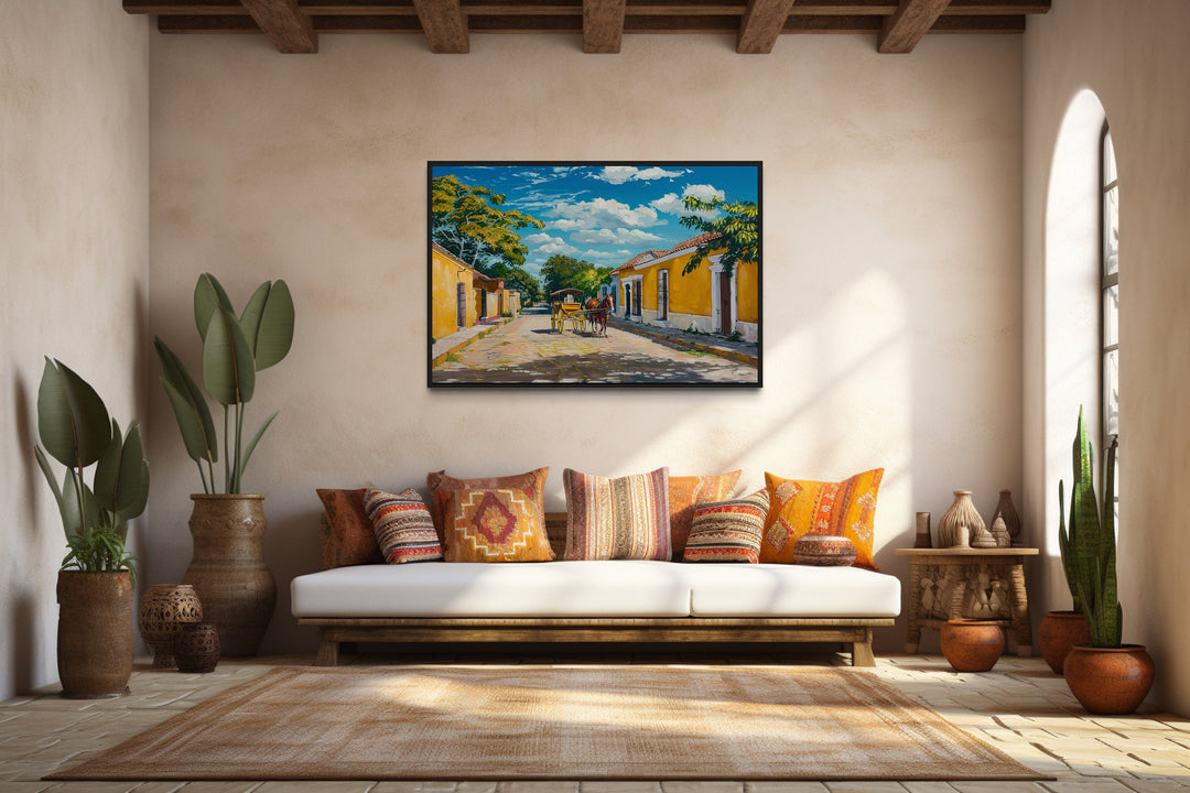 Izamal Painting With Horse Carriage Mexican Framed Canvas Wall Art in living room