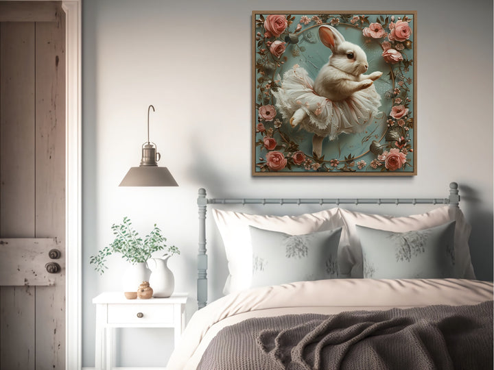 Shabby Chic Bunny In Ballerina Tutu In Flowers Farmhouse Wall Art above bed