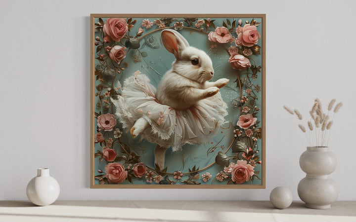 Shabby Chic Bunny In Ballerina Tutu In Flowers Farmhouse Wall Art close up