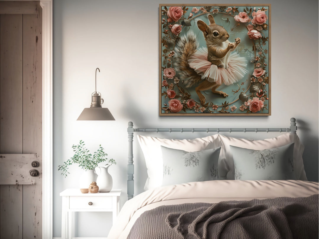 Shabby Chic Squirrel In Ballerina Tutu In Flowers Wall Art above bed