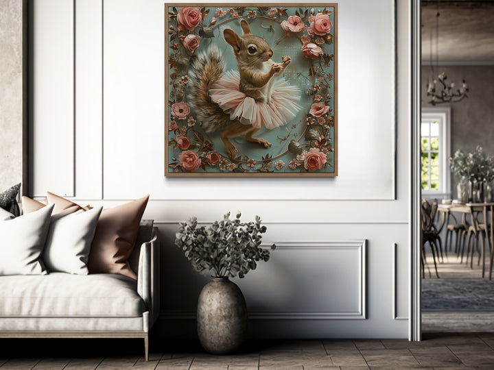 Shabby Chic Squirrel In Ballerina Tutu In Flowers Wall Art in rustic room
