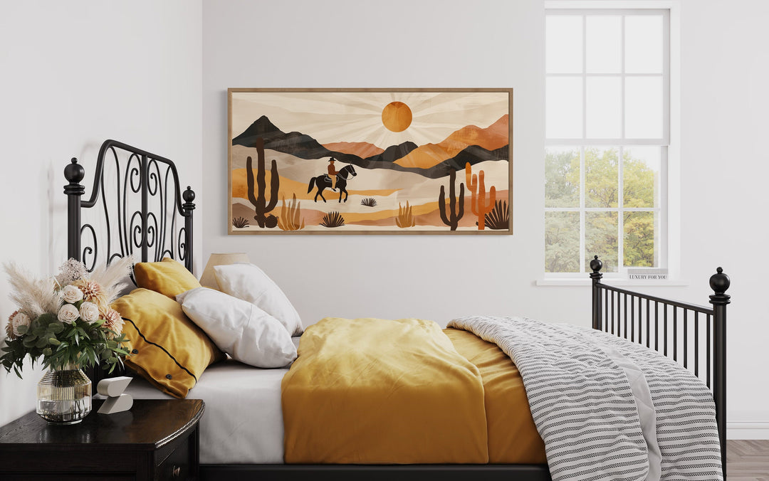 Cowboy In The Desert Mid Century Modern Southwestern Wall Art in bedroom