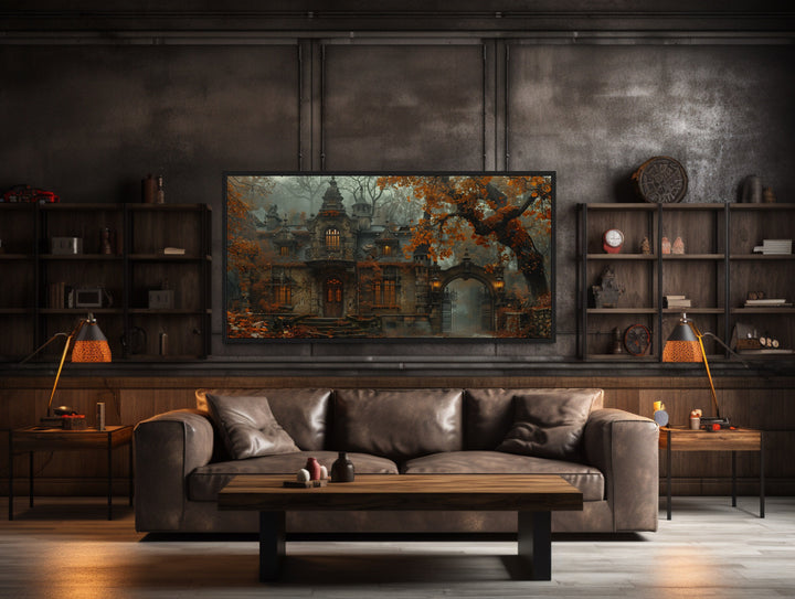 Gothic Haunted Victorian House In Autumn Fog Wall Art in dark room