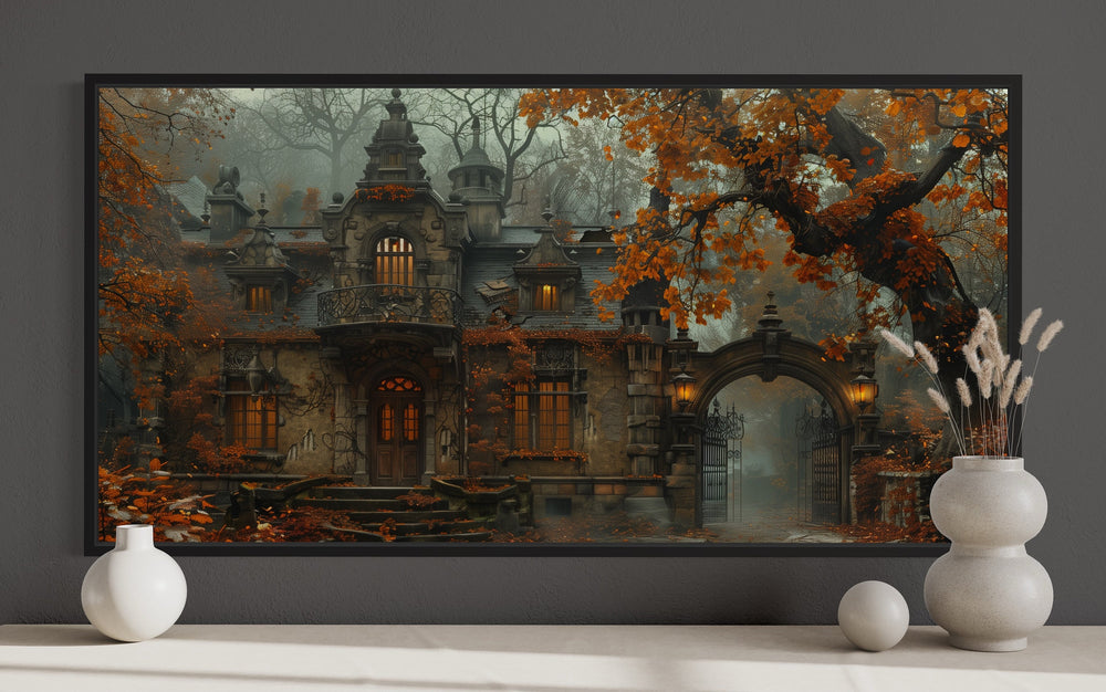 Gothic Haunted Victorian House In Autumn Fog Wall Art close up