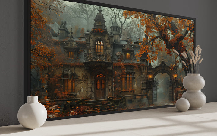 Gothic Haunted Victorian House In Autumn Fog Wall Art side view