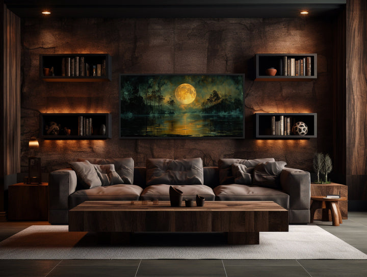 Moody Night Lake Landscape Under Full Yellow Moon Halloween Wall Art in dark room