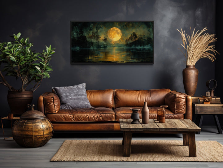 Moody Night Lake Landscape Under Full Yellow Moon Halloween Wall Art in living room