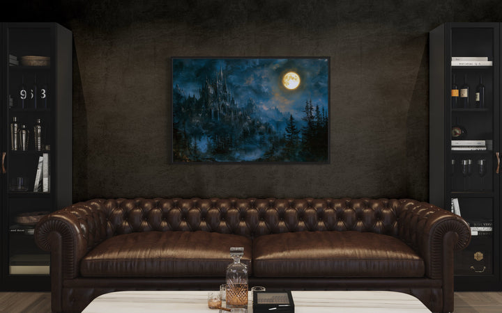 Spooky Gothic Haunted Castle Under Moon Navy Blue Wall Art in living room