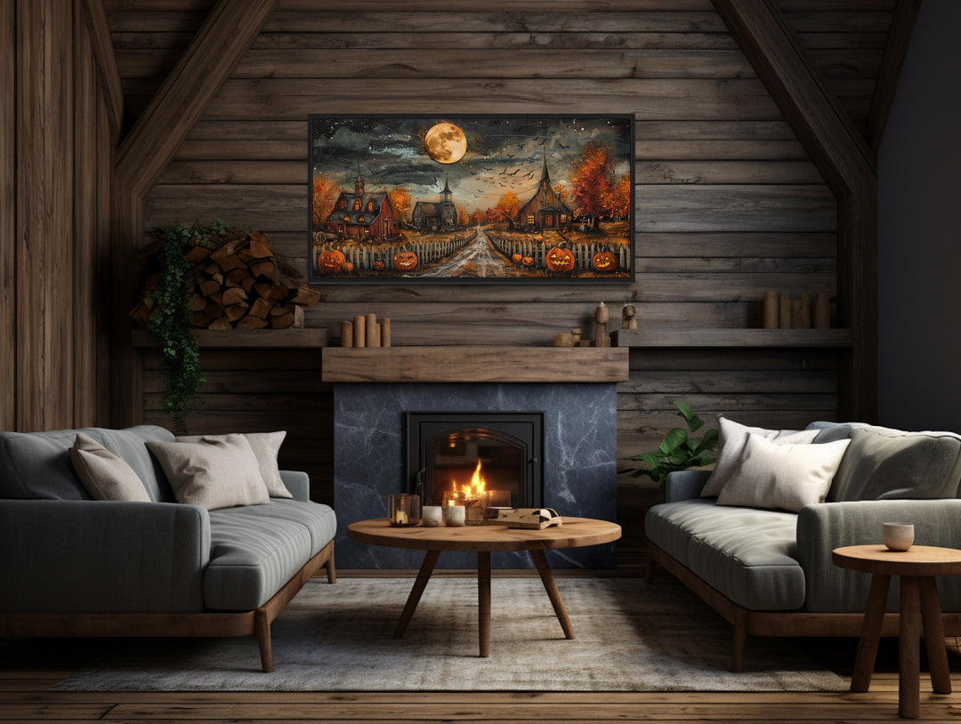 Cute Halloween Decorated Farm With Pumpkins, Bats, Full Moon Wall Art above fireplace