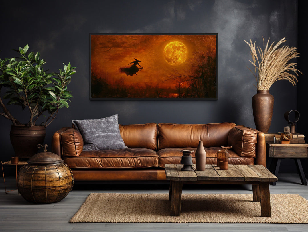 Witch Flying On Broom At Full Moon Landscape Halloween Wall Art in living room