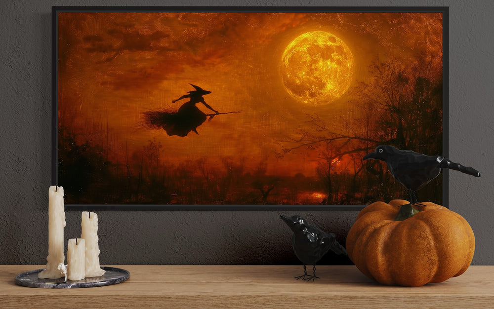 Witch Flying On Broom At Full Moon Landscape Halloween Wall Art close up