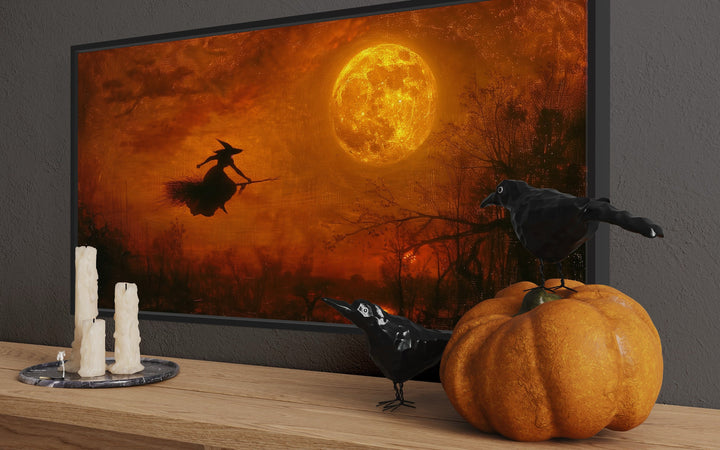 Witch Flying On Broom At Full Moon Landscape Halloween Wall Art close up