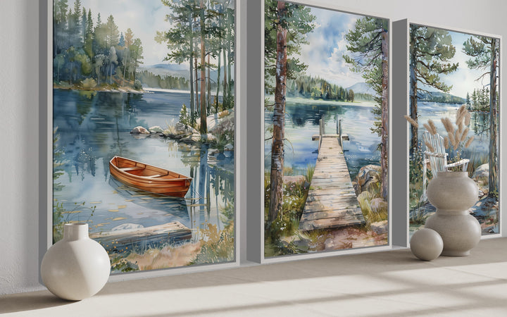 3 Piece Lake House Wall Art, Fishing Dock, Old Boat And Adirondack Chair side view