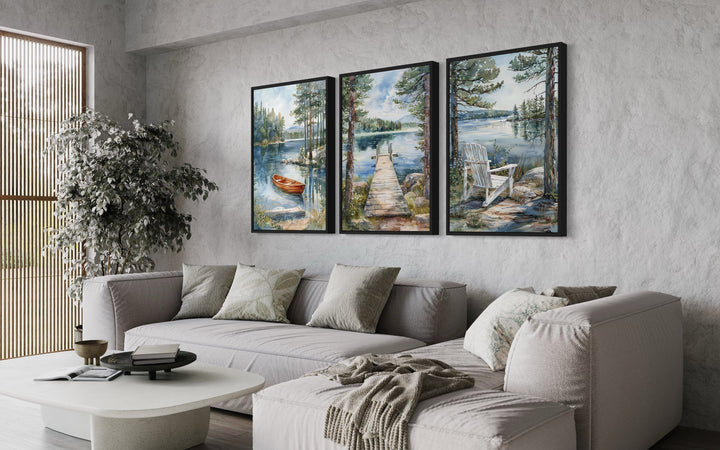 3 Piece Lake House Wall Art, Fishing Dock, Old Boat And Adirondack Chair above couch