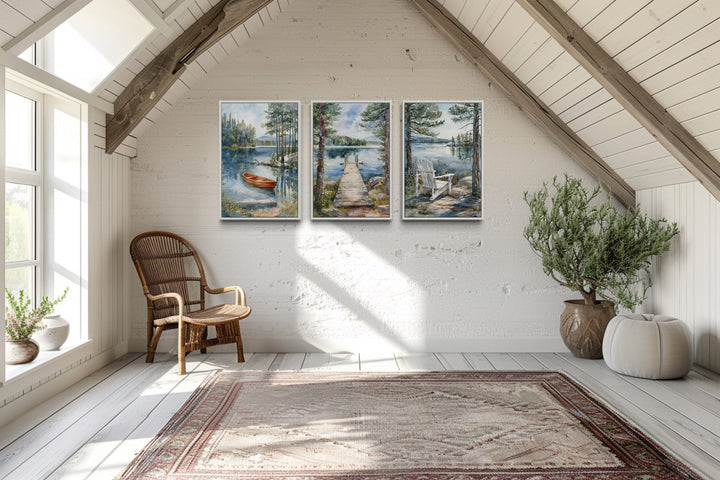 3 Piece Lake House Wall Art, Fishing Dock, Old Boat And Adirondack Chair in lake house