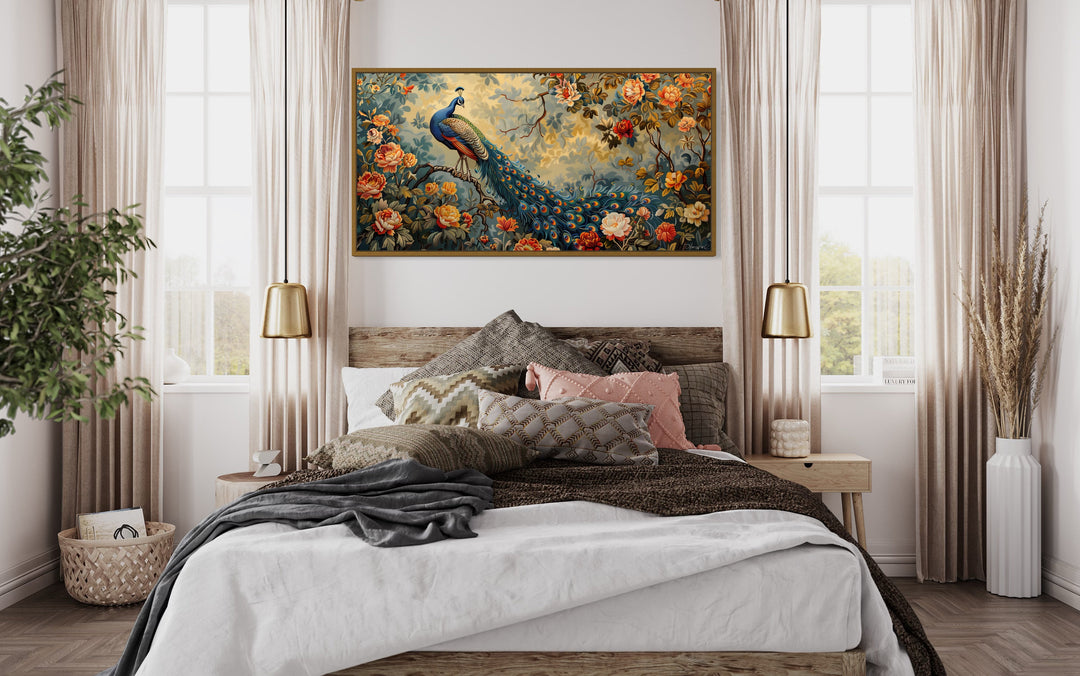 Antique Style Peacock In The Garden Tapestry Framed Canvas Wall Art in bedroom