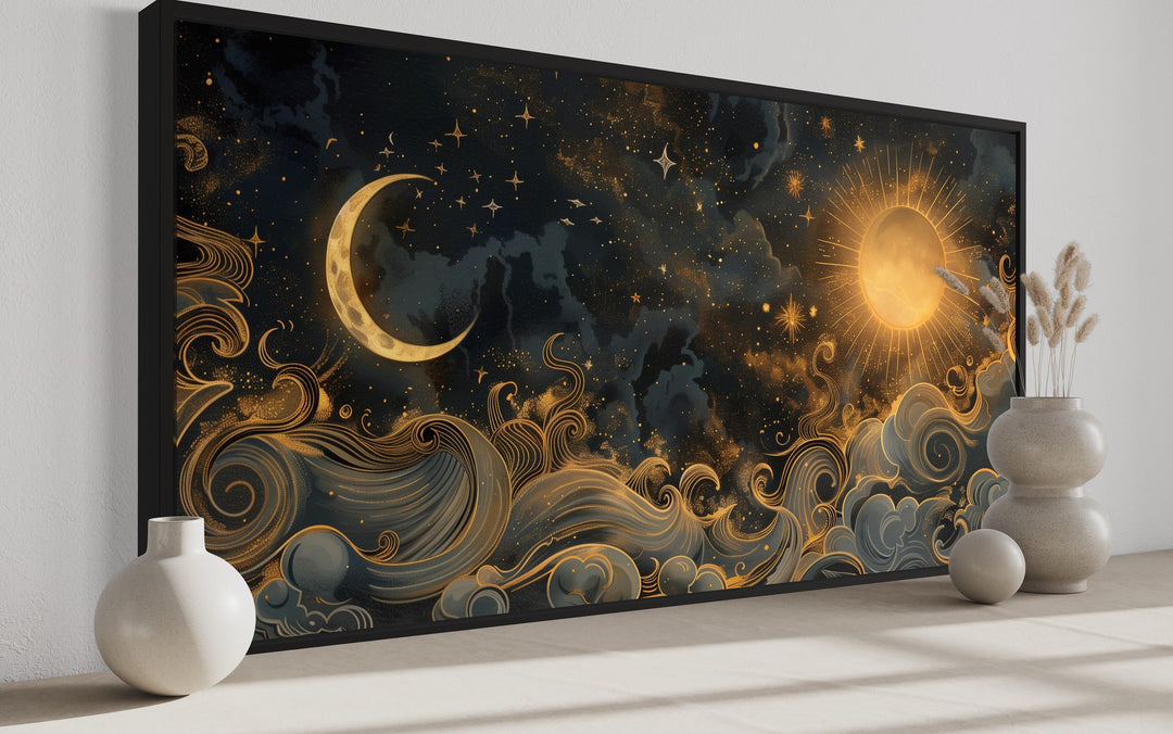 Black Gold Sun And Moon Celestial Framed Canvas Wall Art side view