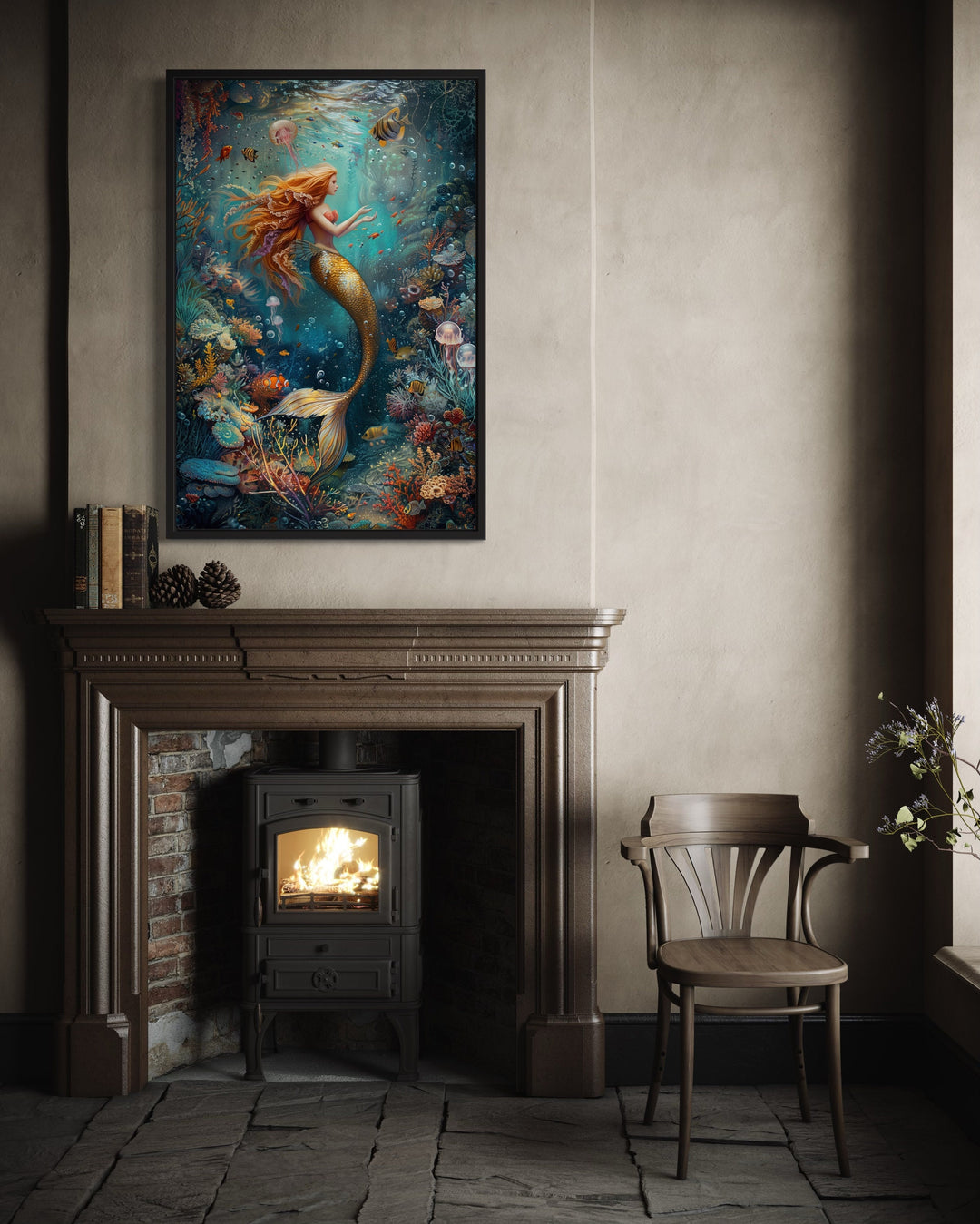 Mermaid In Ocean Coral Reef Framed Canvas Wall Art above fireplace