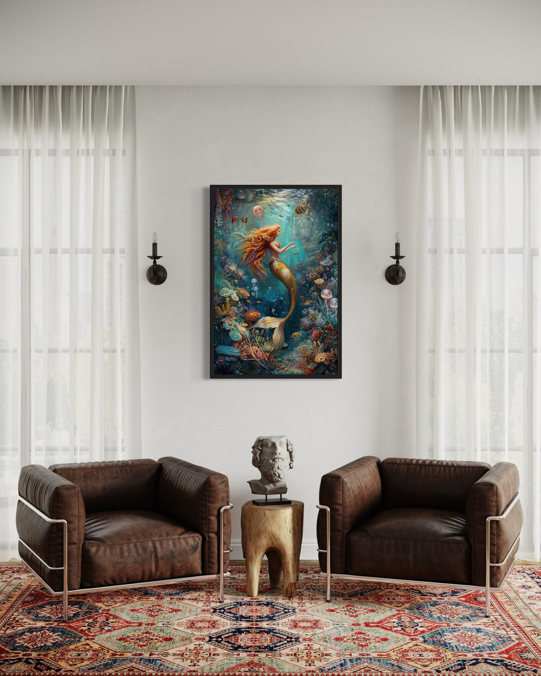 Mermaid In Ocean Coral Reef Framed Canvas Wall Art in living room